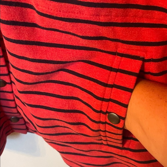L.L. Bean Misses Large Regular Cotton Red Striped Button Up Jacket Pockets - Picture 4 of 5